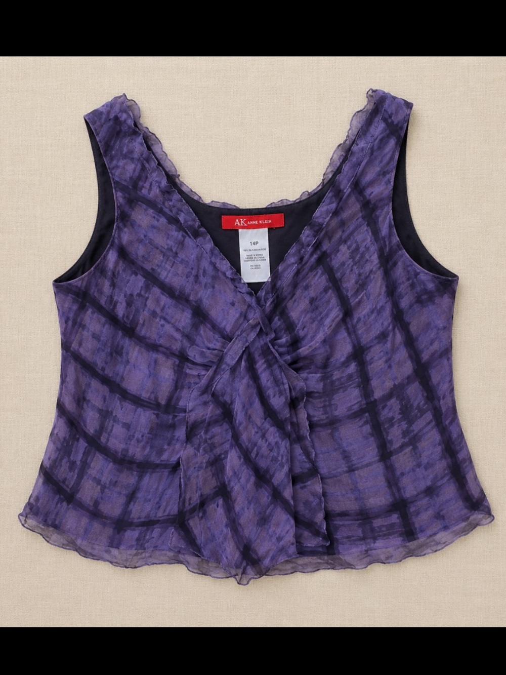 Y2K Anne Klein 100% Silk Purple Plaid Ruffle Front Sleeveless Blouse Size Medium